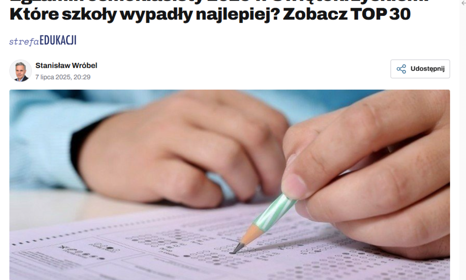 Drugi wynik w województwie świętokrzyskim po egzaminie ósmoklasisty